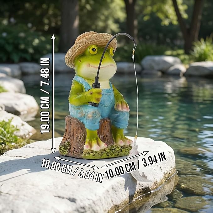 Frog Fisherboy Statue | Outdoor Garden Decor, Resin Animal Statue, Pond Ornaments, Poolside Garden Decor, Koi Fish Pond, Unique Fisherman Gifts