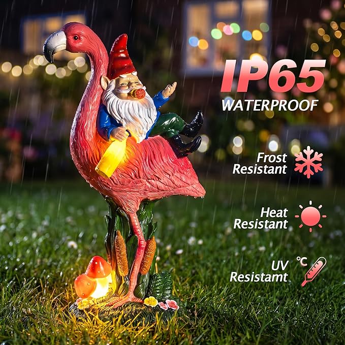 Candieslife Funny Garden Gnome Riding Flamingo Statue - Solar Powered LED Light Up Yard Art, Weatherproof Outdoor Lawn Ornament Decor for Patio Porch Lawn, Housewarming Birthday Gift for Men Women