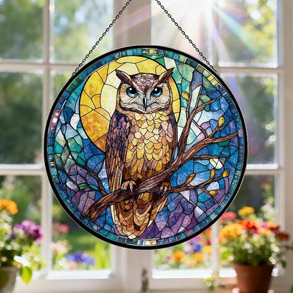 Owl Stained Glass Window Hanging, 7.9" Owl on a Branch Suncatcher for Window Doors Home Decoration, Owls Decor for Home, Mother's Day Christmas Birthday Gifts for Owls Lovers Women Men