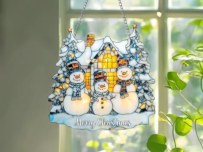 Custom Snowman Family Christmas Faux Sun Catchers Indoor Windown Suncatchers for Windows Hanging Christmas Suncatchers Window Decor Outdoor Suncatcher