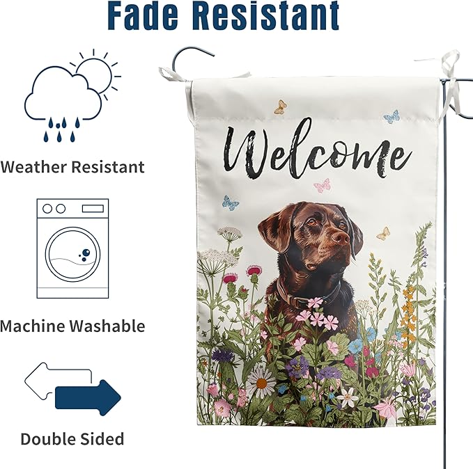 Floral Chocolate Lab Garden Flag Spring Summer House Flags 28 x 40 Double Sided Flower Labrador Dog Yard Flags for Outside Large Outdoor Welcome Flags