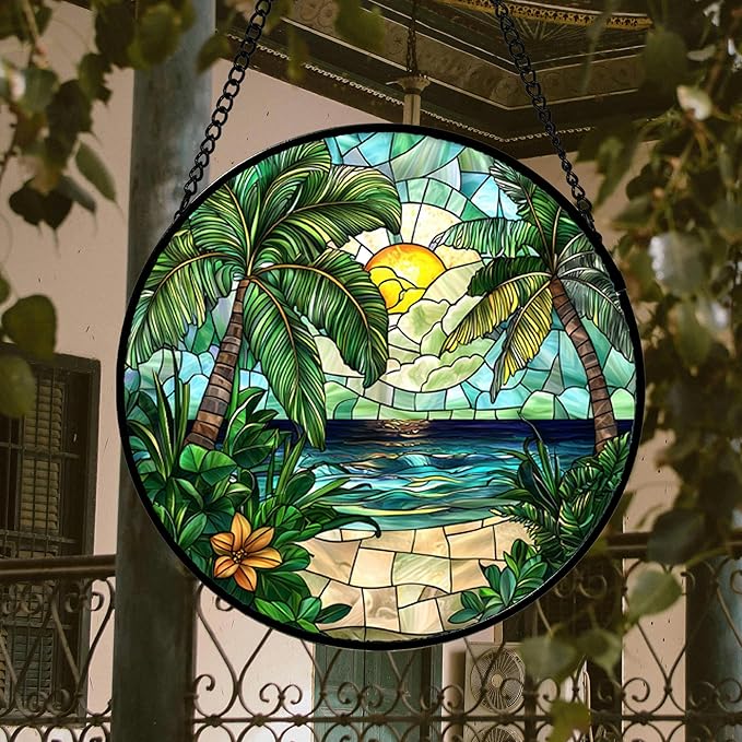 DASTOLL Stained Glass Window Hanging, Green Beach Scenery Suncatcher Diamond Glass Panel Hangings Sun Catchers Decor for Birthday for Women, Men, Wife, Aunt, and Mom 14.9x14.9 in