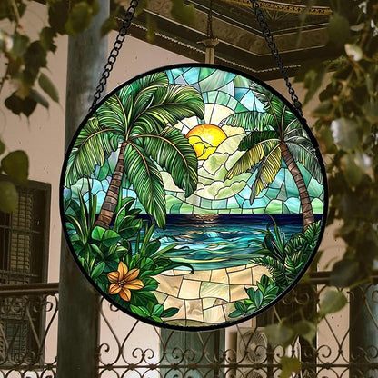 DASTOLL Stained Glass Window Hanging, Green Beach Scenery Suncatcher Diamond Glass Panel Hangings Sun Catchers Decor for Birthday for Women, Men, Wife, Aunt, and Mom 14.9x14.9 in
