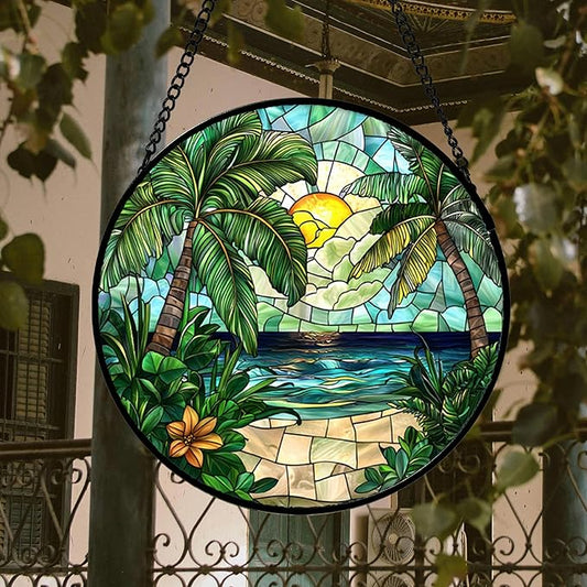 DASTOLL Stained Glass Window Hanging, Green Beach Scenery Suncatcher Diamond Glass Panel Hangings Sun Catchers Decor for Birthday for Women, Men, Wife, Aunt, and Mom 14.9x14.9 in