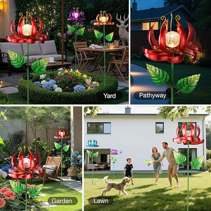 Solar Yard Lights Wind Spinners- Metal Lotus Flower Garden Decor LED Crackle Glass Globe Yard Art Sculpture Solar Stake Lights for Patio Pathway Lawn Walkway (Red-Large)