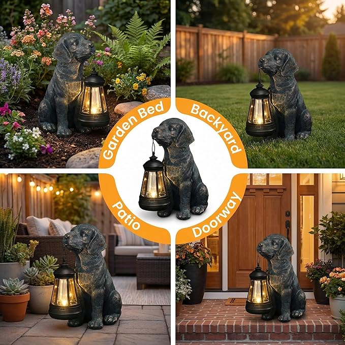 Lyeasw Solar Dog Statues with Lantern – Waterproof Outdoor Dog Figurines for Garden, Yard & Porch, Auto On/Off Solar Light, Birthday Gifts for Mom & Dog Lovers, Dog Memorial Gifts