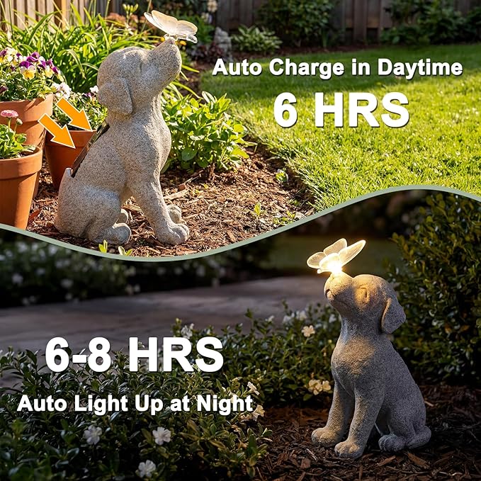 Lyeasw Dog Solar Statues with Butterfly - Waterproof Gray Dog Garden Decor for Patio, Yard, Porch- Cute Puppy Figurines with Solar LED Lights for Outdoor Decor, Pet Memorial Gift