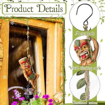 Kathfly Solar Light Outdoor Tiki Statues Resin Tiki Man Climbing on Vine with LED Lantern Waterproof Lamp Hanging Figurine with Hook for Hawaiian Gift Bar Decor Porch Patio Summer Yard Lawn Figurine