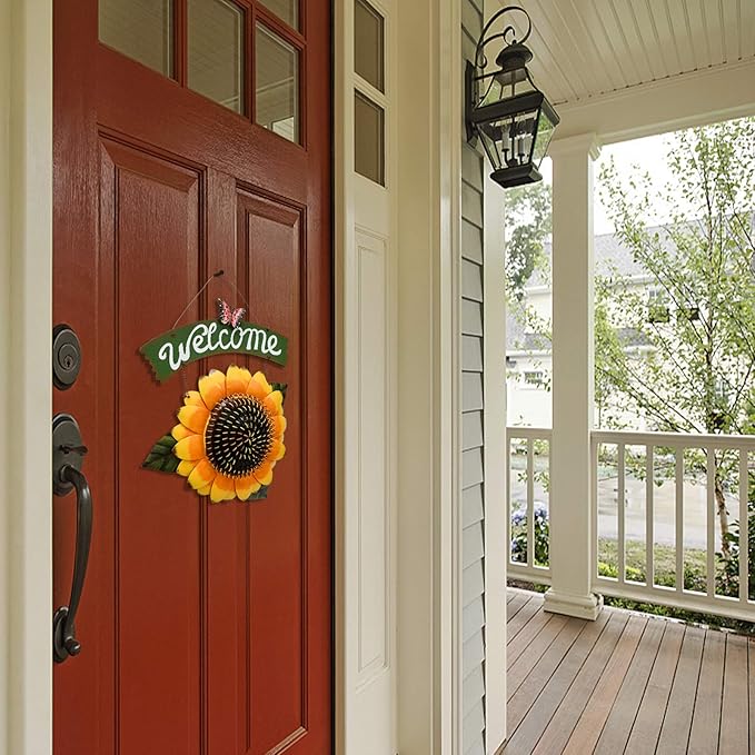 Sunflower Welcome Sign Metal Hanging Welcome Plaque for Wall Front Door - Decorative Flower Yard Signs Spring Wreath Decor for Garden Porch Patio Backyard (H)
