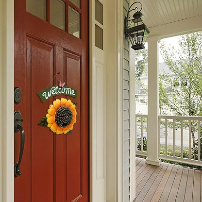 Sunflower Welcome Sign Metal Hanging Welcome Plaque for Wall Front Door - Decorative Flower Yard Signs Spring Wreath Decor for Garden Porch Patio Backyard (H)
