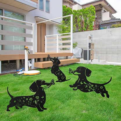 Romart Dachshund Decorative Garden Stakes, 3 Pcs Wiener Dog Gifts Metal Garden Stakes for Women Men, Dachshund Butterfly Flower Outdoor Yard Art Lawn Decor
