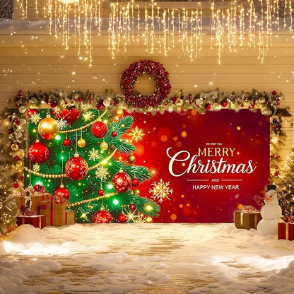 IVN Christmas Garage Door Cover Decoration 13x6ft Decorated Green Tree with Ornaments Red Holiday Merry Christmas Garage Door Banner Home Garage Door Front Yard Decor for Xmas Eve Holiday Outdoor