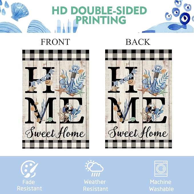 ORTIGIA Beach House Flag 28 x 40 Inch Double Sided Burlap Home Sweet Home Blue Anchor Starfish Seashell Coastal Ocean Yard Flag Summer Holiday Seasonal Outdoor Outside Decoration(Large)