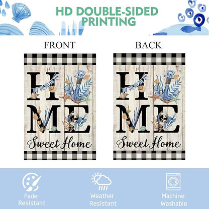 ORTIGIA Beach House Flag 28 x 40 Inch Double Sided Burlap Home Sweet Home Blue Anchor Starfish Seashell Coastal Ocean Yard Flag Summer Holiday Seasonal Outdoor Outside Decoration(Large)