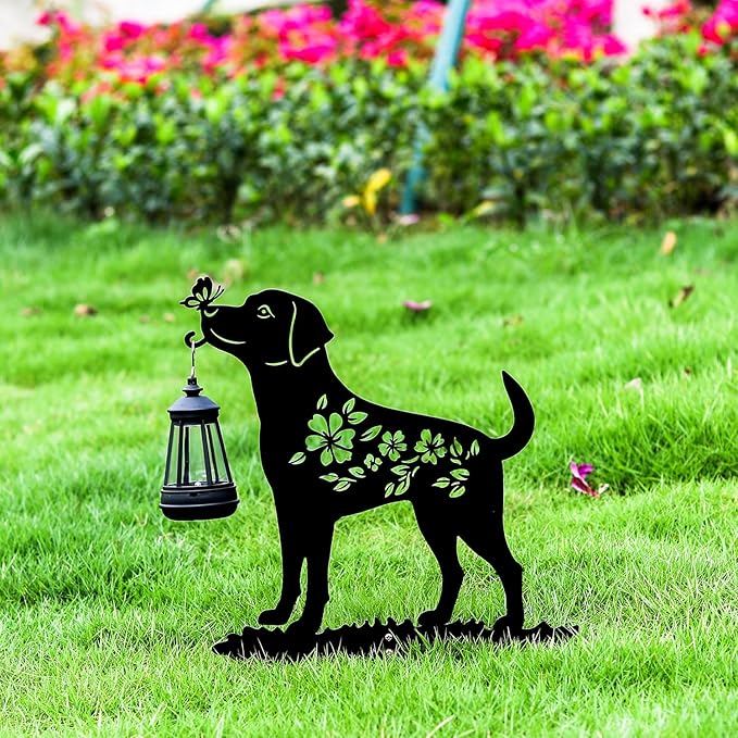 Tfro & Cile Dog Solar Light Outdoor Garden Lantern Stake Decorative Black Ornament with Butterfly Silhouette Decoration for Yard Lawn Patio