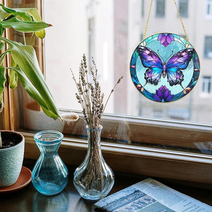 Butterfly Stained Glass Window Hanging, 7.8" Hand-Painted Sun Catcher Glass Panel Wall Art Decor with Chain, Butterfly Gifts for Women Mom Grandma, Outdoor Indoor Art Decor for Home Garden