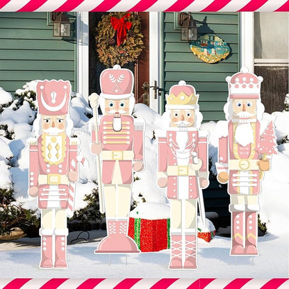 Geetery 4 Pcs Large Nutcracker Yard Sign with 16 Stakes 32 Inch Christmas Yard Decorations Outdoor Holiday Nutcracker Xmas Outside Lawn Decor for Garden Pathway Party(Pink,Cute)