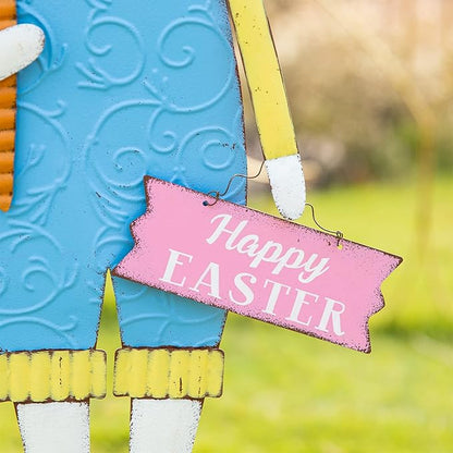 Glitzhome 36"H Easter Yard Signs, Set of 2 Metal Bunny Wall/Standing Decor, Blue & Pink, Hand Painted with Antique Treatment