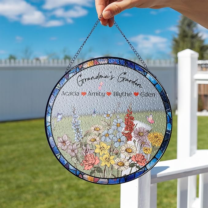 NAZENTI Custom Family Birth Flowers Glass Suncatcher, Personalized Stained Glass Window Hanging Suncatcher with Kids Name, Gifts for Mother's Day, Personalized Grandma Flower Garden