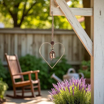 Rustic Heart Bell Wind Chime, Gold Bronze Metal, 5 x 5 inch Heart Frame with 1.5 inch Bell, Indoor Outdoor Decorative Hanging Ornament for Garden, Porch, Valentine's Day