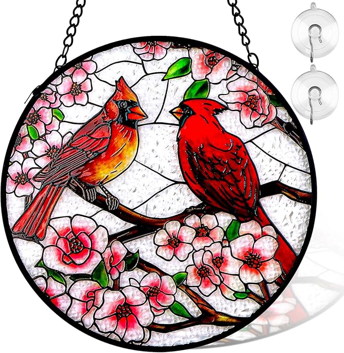 Remiawy Cardinal Stained Glass Window Hanging, 8 Inch Sun Catcher Glass Panel with Metal Chain and Hooks Suncatcher Indoor Window Wall Art Home Decor Gift for Bird Lovers Women Mother's Day Christmas