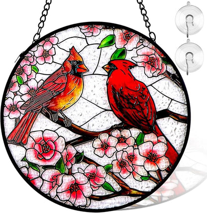 Remiawy Cardinal Stained Glass Window Hanging, 8 Inch Sun Catcher Glass Panel with Metal Chain and Hooks Suncatcher Indoor Window Wall Art Home Decor Gift for Bird Lovers Women Mother's Day Christmas