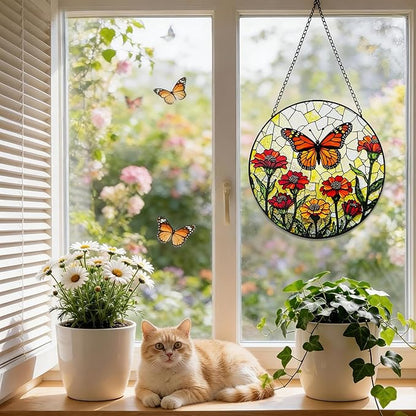 Stained Glass Window Hanging, 8 Inch Monarch Butterfly Suncatcher, Sun Catchers Indoor Window, Orange Wildflowers Suncatchers for Windows Hanging, Spring Home Garden Decor Panel Gifts for Women Mom