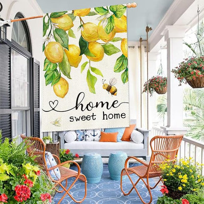 Baccessor Spring House Flag Lemon Bee Floral Home Sweet Home Large Yard Flag 28 X 40 Inch Double Sided Burlap Summer Welcome Flag for Outside Outdoor Porch Decor