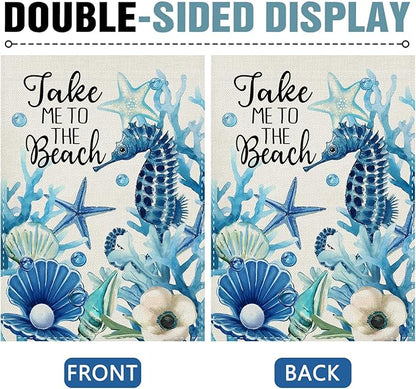 Dyrenson Summer Take Me To The Beach Decorative Garden Flag, Coastal Seahorse Starfish Conch Coral Yard Outside Home Decoration, Spring Anemone Burlap Outdoor Small Decor Double Sided 12 x 18