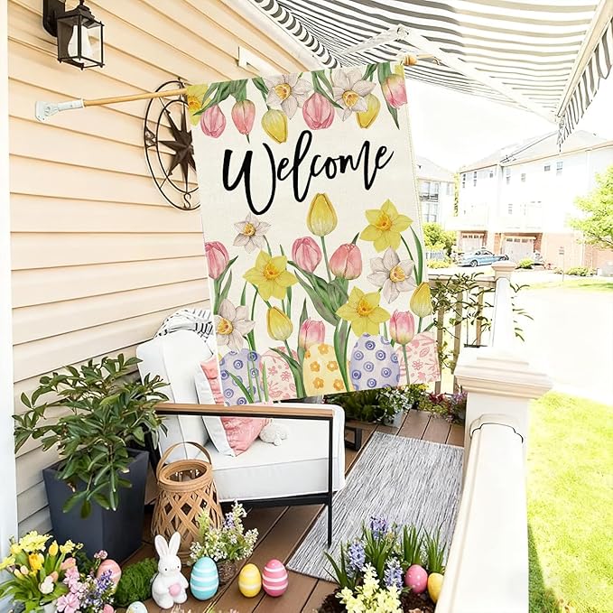 Baccessor Welcome Easter House Flag 28 x 40 Inch, Double Sided Burlap Tulip Daffodil Colorful Eggs Farmhouse Large Yard Flag Seasonal Holiday Spring Easter Outdoor Decor