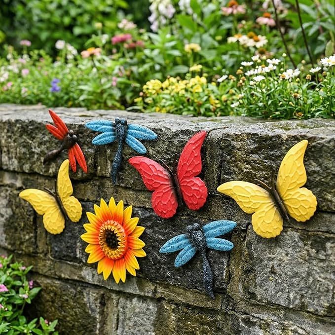 Pumtus 9 Pack Metal Sunflowers Wall Decor, Garden Flower Wall Art Decorations, Outdoor Butterfly Dragonfly Hanging Patio Decor, Yard Floral Fence Sculptures for Indoor Outside Living Room Bedroom