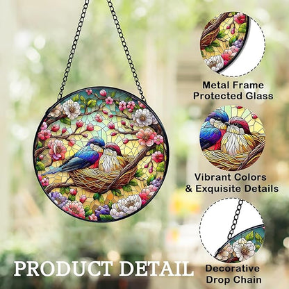 Stained Glass Window Hanging, Colorful Hummingbird and Flower Branch Suncatcher for Window Doors Garden Home Decoration, Cardinal Panel Ornaments for Women,Men,Wife, Lovers, and Mom 7.8×7.8 in