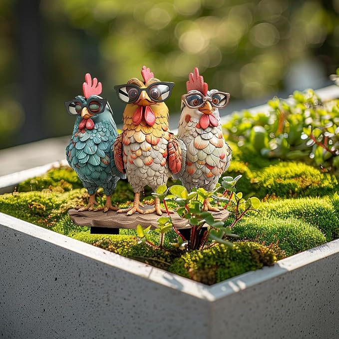 Garden Stake Decor, Acrylic 2D Flat Cute Animal Statue, Fairy Sculptures Ornament Indoor Outdoor Yard Lawn Pot Plant Decorative Accessories (Three Roosters Wearing Glasses)