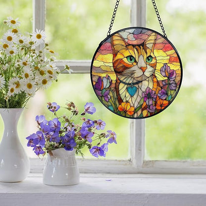 Cat Flower Suncatcher Stained Glass Window Hanging, Orange Cat Sun Catchers Indoor Window Glass Wall Art Decor, Kitten Floral Wall Hanging Decor Decorations, 7.9x7.9 Inch