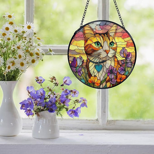Cat Flower Suncatcher Stained Glass Window Hanging, Orange Cat Sun Catchers Indoor Window Glass Wall Art Decor, Kitten Floral Wall Hanging Decor Decorations, 7.9x7.9 Inch