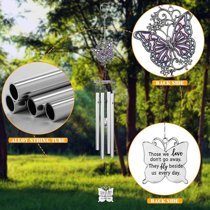 Outdoors Butterfly Wind Chimes Sympathy Memorial for Loss of Loved One - Soothing Melodic Tones Aluminum Chime Great as a Gift for Your Patio Porch Garden and Backyard (22.2" Silvery)