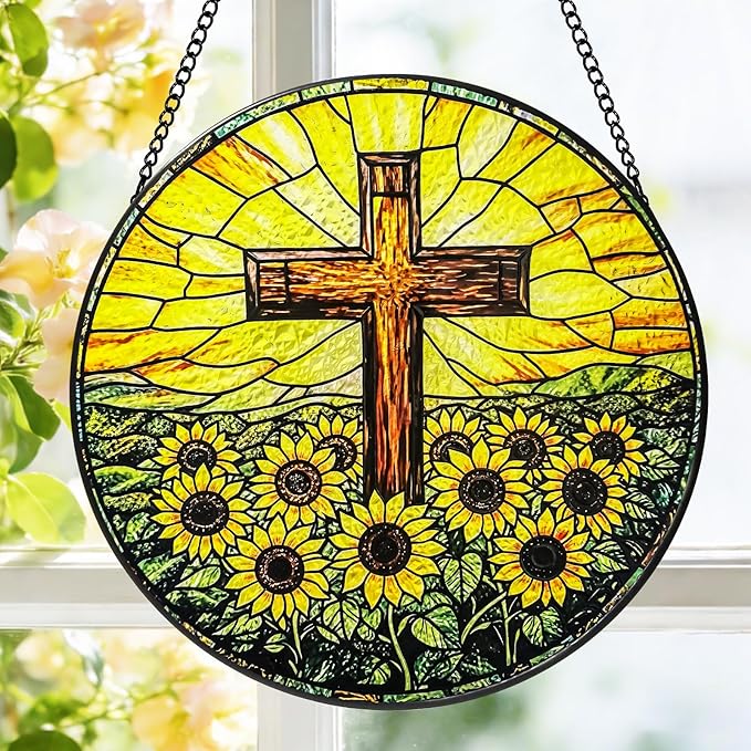 Stained Glass Window Hanging, 8 Inch Stained Glass Cross Sunflower Suncatcher, Christian Sun Catchers Indoor Window, Flower Cross Religious Home Garden Decor, Easter Faith Christian Gifts for Women