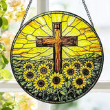 Stained Glass Window Hanging, 8 Inch Stained Glass Cross Sunflower Suncatcher, Christian Sun Catchers Indoor Window, Flower Cross Religious Home Garden Decor, Easter Faith Christian Gifts for Women