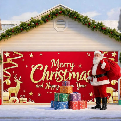 IVN Christmas Garage Door Cover Decoration 13x6ft Santa Glitter Gold Gift Reindeer on Red Holiday Christmas Garage Door Banner Home Garage Door Front Yard Decor for Xmas Eve Holiday Outdoor