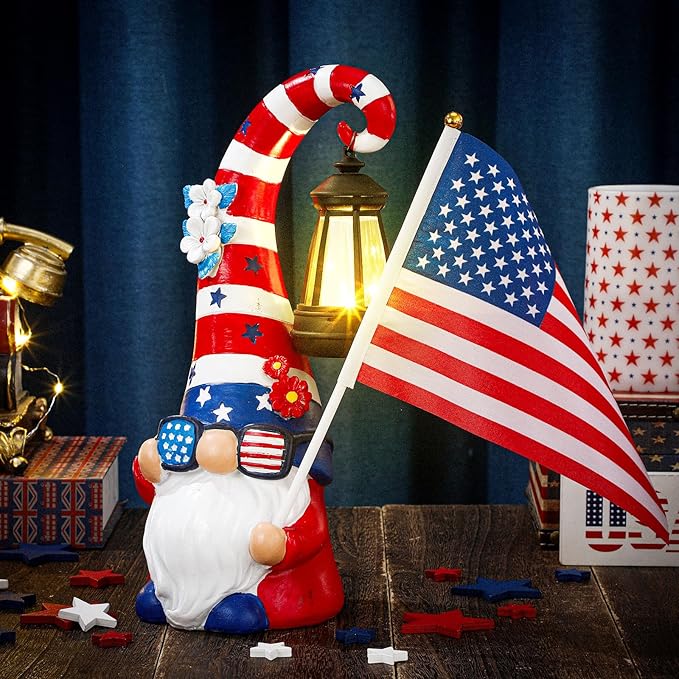 VIHOSE 12 Inch 4th of July Patriotic Gnomes Statues 250th Anniversary Gnome Outdoor Figurine Lights for Outside Lawn Ornaments Garden Porch Patio Balcony Yard Fourth of July Gifts for Mom Women