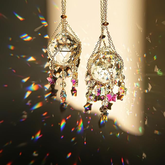 H&D HYALINE & DORA 2 Pack Hanging Crystal Ball Suncatchers 40mm with Crystals Star Charm Rainbow Maker for Indoor Window Home Garden Wedding Christmas Decor