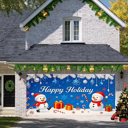 HOMETITUTE Winter Garage Door Banner 13x6ft Happy Holiday Snowmen Winters Scene Backdrop Banners for Outside Indoor Winter Door Cover Garage Wall Covering for Party Garages Decorations