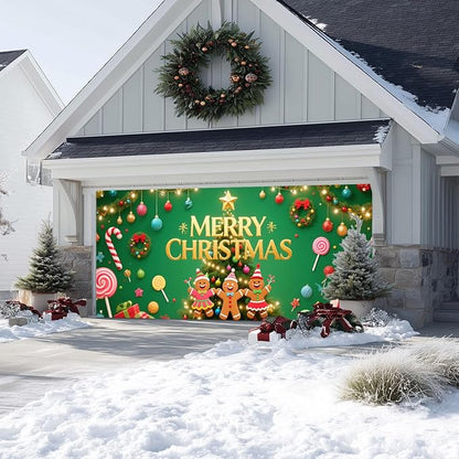 IVN Green Candy Christmas Garage Door Banner 6x13 ft Holiday Backdrop with Gingerbread Ornaments Garage Door Covers Decorative Garage Door Cover Mural for Outdoor Wall Decor