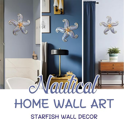 POXOHO Starfish Nautical Bathroom Decor, Starfish Coastal Wall Decor Art for Bedroom House Home, 12" Hanging Glass Sculpture, Beach Wall Art Ocean Gifts for Women & Men (Purple)