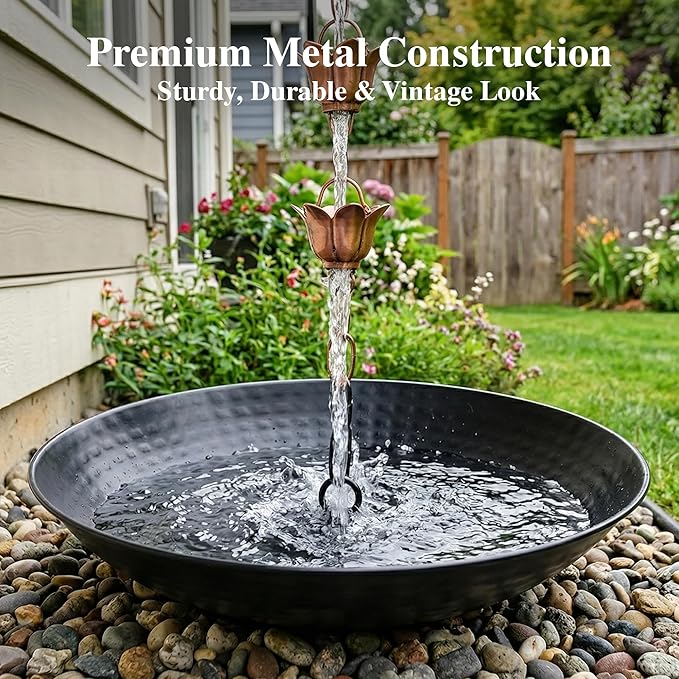 11-Inch Black Rain Chain Basin – Decorative Metal Bowl for Downspout Gutters, Outdoor Garden, Lawn & Patio Water Features – Heavy-Duty Anchoring Basin for Rain Chains