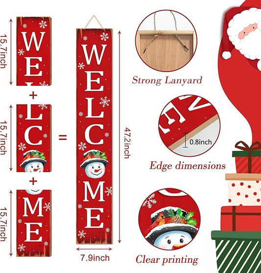 Christmas Snowman Wooden Porch Sign 47" Winter Vintage Large Welcome Porch Sign for Home Front Door Yard Party Decor (Red)