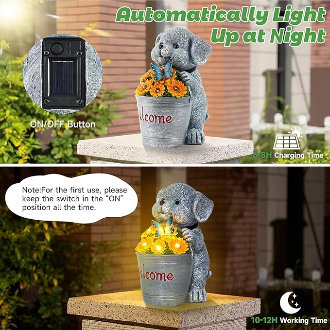 Solar Garden Decor Dog Statue Outdoor Christmas Decorations Dog Figurine Light with Bucket for Outdoor Patio Balcony Yard Porch Lawn for Women Mom Grandma Family Friend