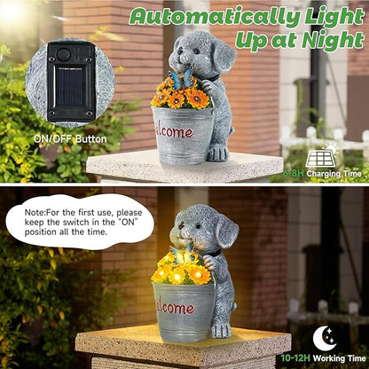 Solar Garden Decor Dog Statue Outdoor Christmas Decorations Dog Figurine Light with Bucket for Outdoor Patio Balcony Yard Porch Lawn for Women Mom Grandma Family Friend