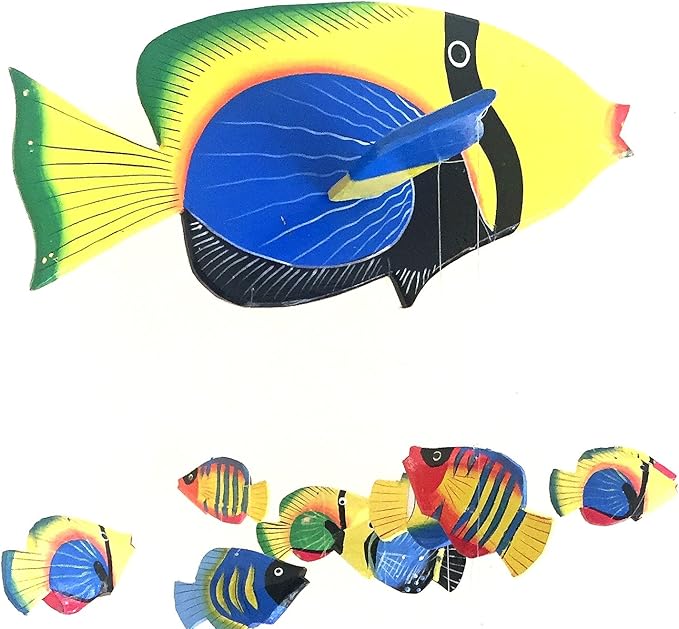 Fish Wind Chime Wooden Hand Painted Fish Mobile Tropical Fish Nautical Decor - OMA Brand (Large)