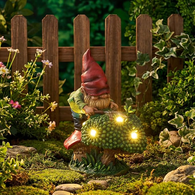 EXYGLO Solar Gnome Garden Decor Statue, 7.4" Gnome Gardener Outdoor Funny Decoration for Lawn, Patio, Yard, and Unique Housewarming, Birthday Ornament Gift for Mother, Friend, Family